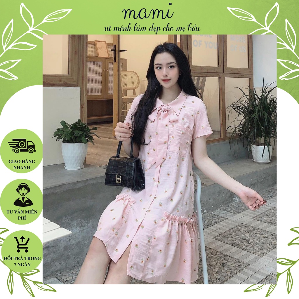 Váy bầu, đầm bầu thiết kế Mami dáng đuôi cá họa tiết hoa nhí dài qua gối chất liệu vải thái xước cao cấp đi chơi du lịch