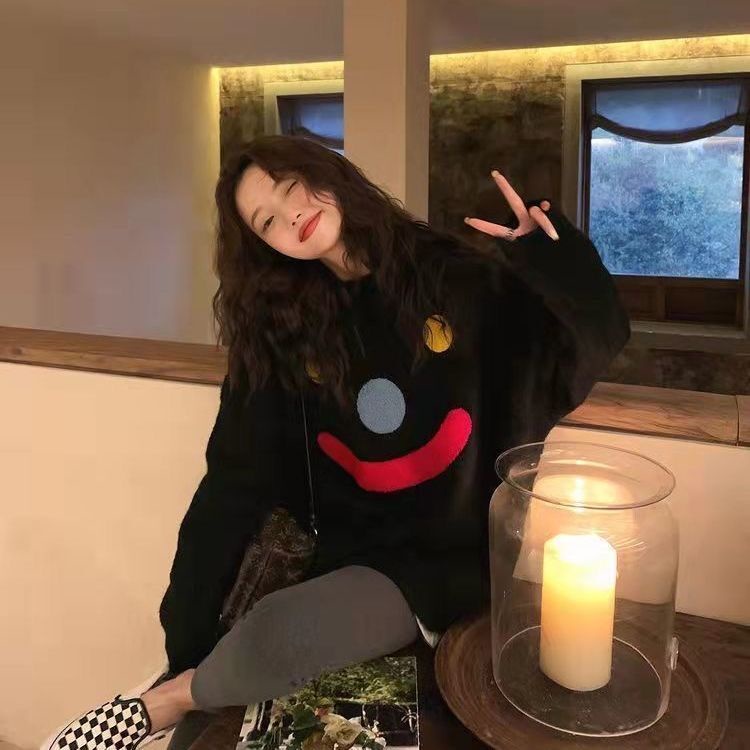 Áo len dệt kim dài tay in họa tiết Thời trang mùa thu phong cách hàn quốc cổ tròn rộng rãi ngọt ngào nữ