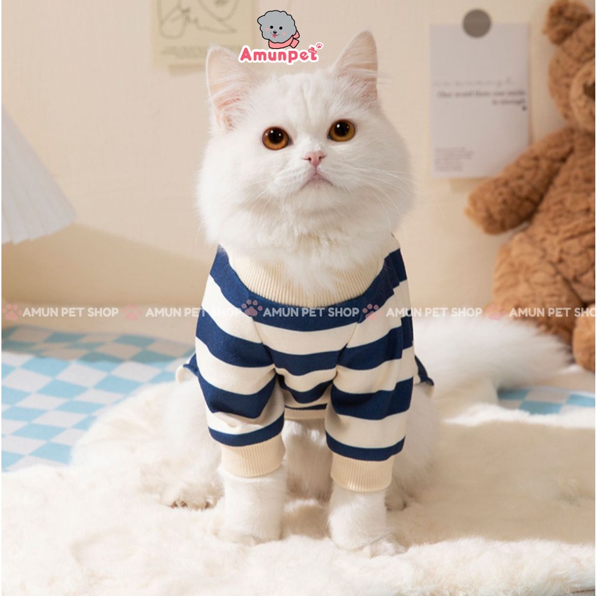 Jumpsuit Cho Chó Mèo Cao Cấp Hàn Quốc Hoạ Tiết Sọc Gấu Dễ Thương Bộ Đồ Quần Áo Liền Thân Cho Thú Cưng Mặc Ngủ Amun Pet