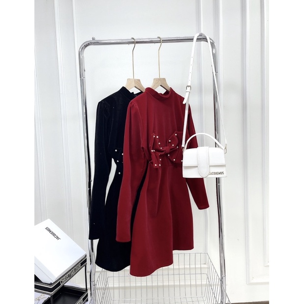 [ 𝐅𝐑𝐄𝐄 𝐒𝐇𝐈𝐏 ] Váy nhung cổ 3p tay bồng về hàng siêu đẹp Nơ đính hạt ngọc sịn sò Hàng may kỹ