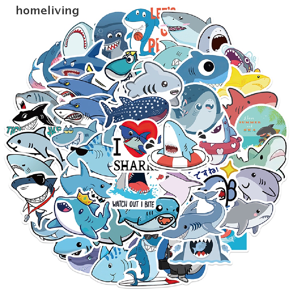 Bộ 50 Miếng Dán Trang Trí Hình Cá Mập Graffiti Dễ Thương