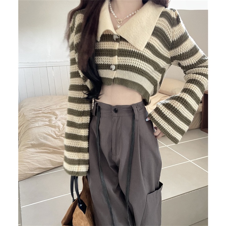 Áo ZHELIHANGFEI dệt kim tay dài cổ polo lưng cao kẻ sọc thiết kế quyến rũ cho nữ