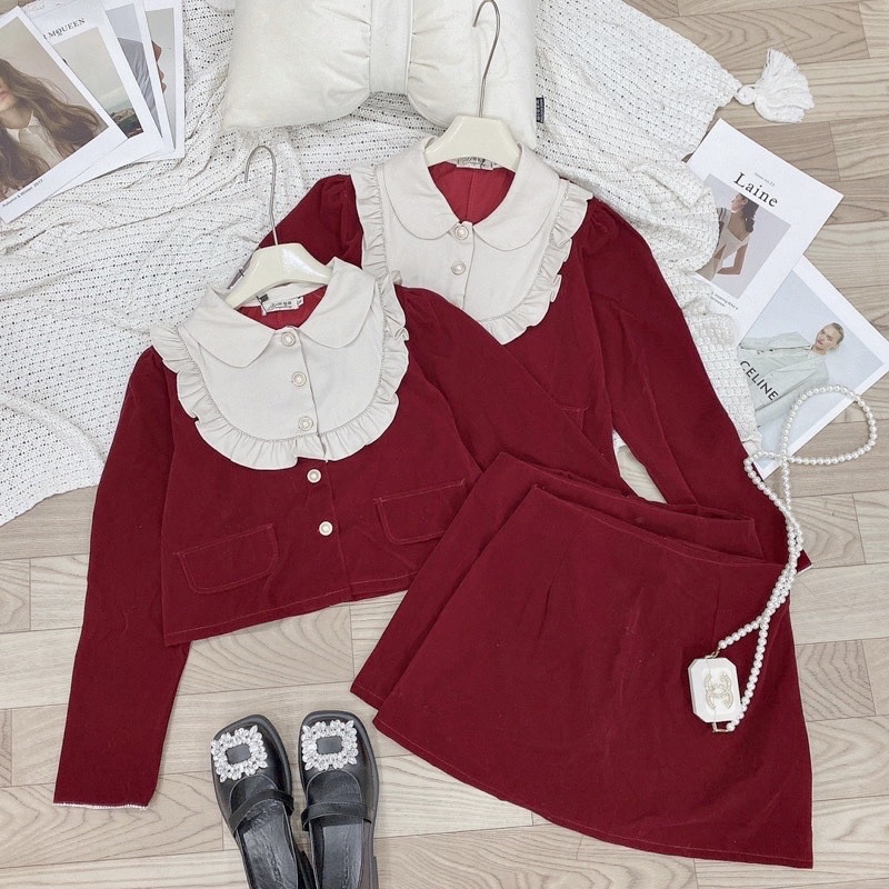 Set Váy Nhung Đỏ Kèm Quần Áo Croptop Cổ Sơ Mi  Trang Thiết Kế  Có Ảnh thật