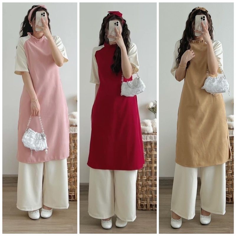 Sét Áo Dài Tân Cổ Chất Nhung Tăm Kèm Tubal