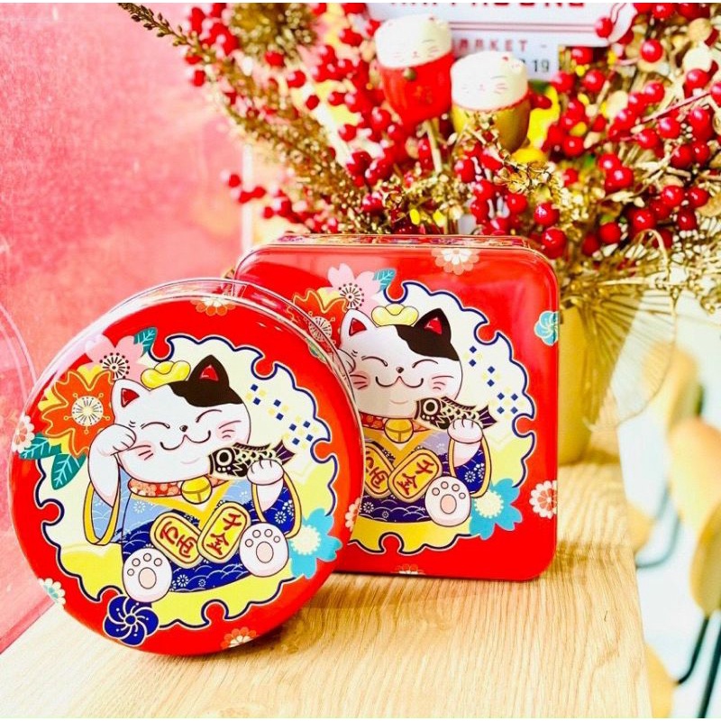 Bánh quy tết mèo thần tài đóng giỏ quà làm tháp siêu xinh