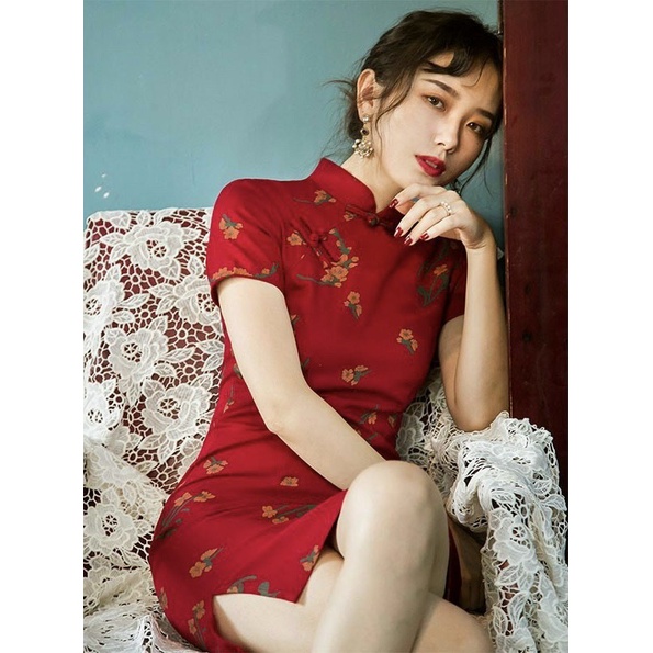 Đầm body nữ sườn xám tôn dáng, tay ngắn cực xinh họa tiết hoa văn quý phái, phối cổ tàu trẻ trung cá tính