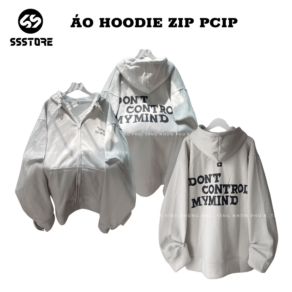 Áo khoác hoodie zip in chữ PCIP màu xám khói có nón vải nỉ bông màu xám form rộng unisex nam nữ - SSSTore