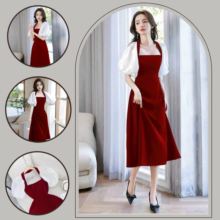 Đầm nhung dáng xòe phối tay voan sang trọng, đầm dự tiệc cực sang