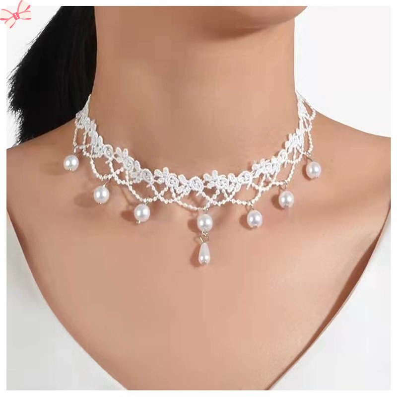 Vòng Cổ Choker Bằng Ren Mặt Hình Giọt Nước Pha Lê Màu Trắng Phong Cách Gothic Cổ Điển Những Năm 90s Thời Trang Cho Nữ