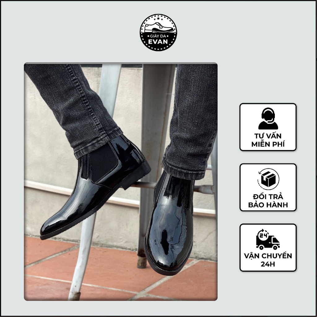 Giày Chelsea Boot Nam, Da Đen Bóng, Đế Cao Su, Khâu Chỉ - Giày Da Evan
