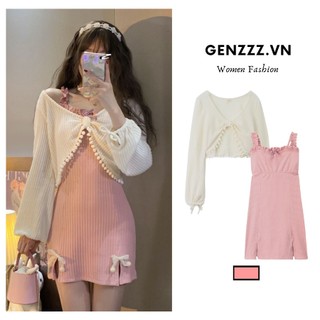 Bộ áo Cardigan phối váy hai dây dáng ngắn, phối đầm ngắn, đính nơ, phong cách Hàn Quốc, đầm váy đi chơi, đầm váy đi dự tiệc xinh