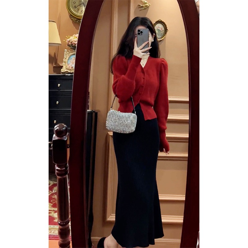 Chân váy SUXI chữ A lưng cao/ Áo dệt kim SUxi tay dài dáng rộng thời trang cho nữ