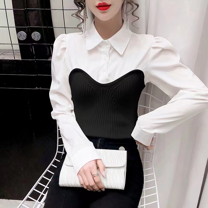 Áo Sơ Mi Giả Hai Lớp Tay Dài Màu Sắc Tương Phản Phong Cách Hàn Quốc