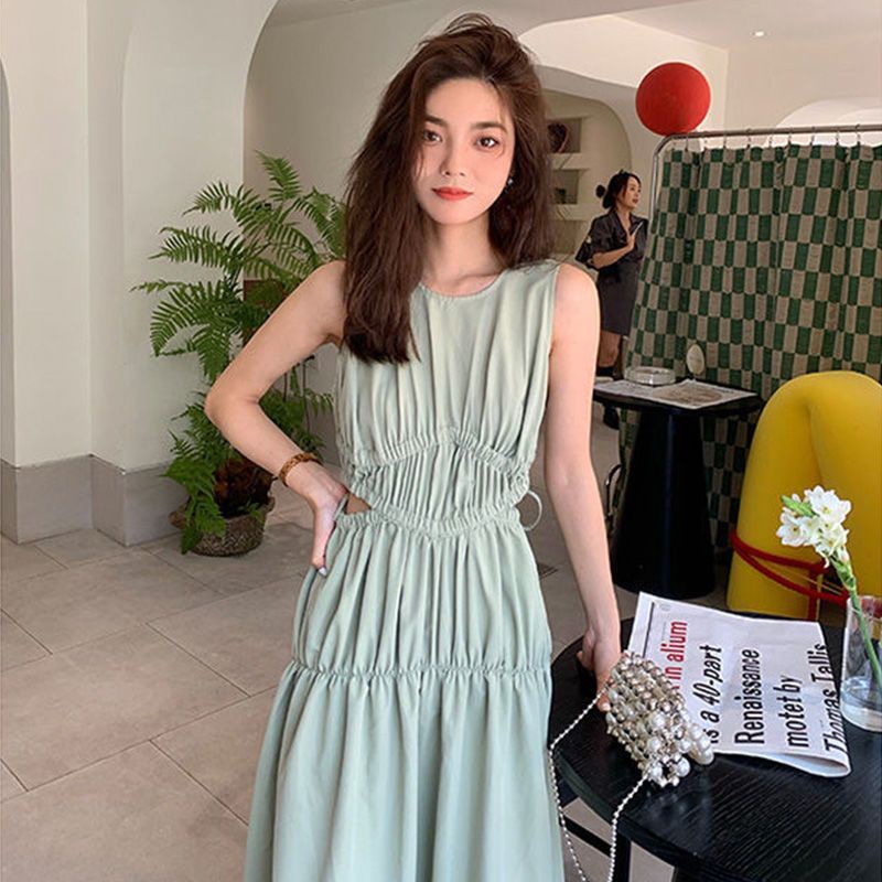 Đầm Chữ A Không Tay Hở Vai Màu Xanh Lá Cây Phong Cách Hàn Quốc Cổ Điển Gợi Cảm Hàng Mới Dành Cho Bạn Nữ