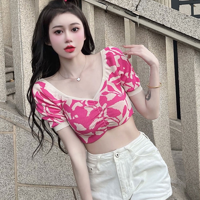 Áo Dệt Kim Tay Phồng Ngắn Cổ Chữ V Dáng Ôm Thời Trang Hàn Quốc Cho Nữ