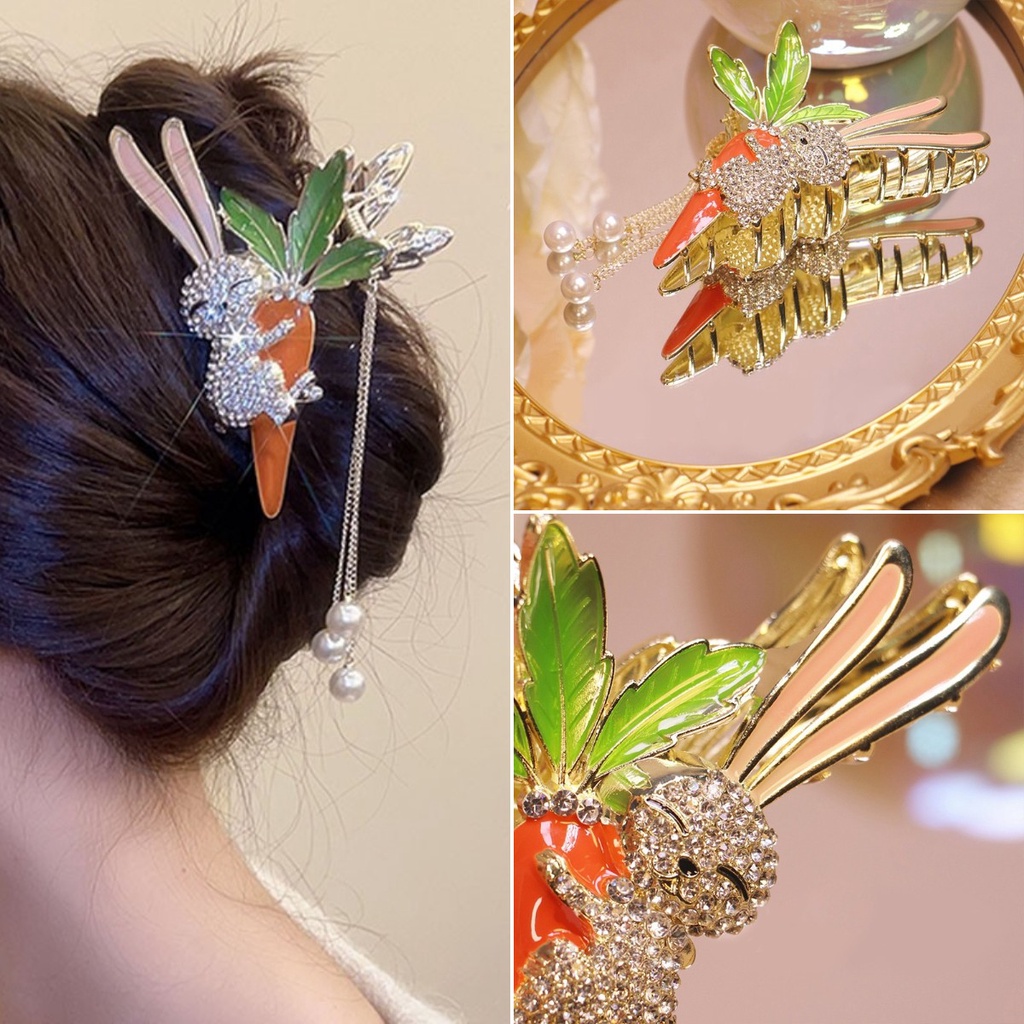 Kẹp Tóc Tua Rua Hình Thỏ Đính Đá Mừng Năm Mới Cho Bé Gái