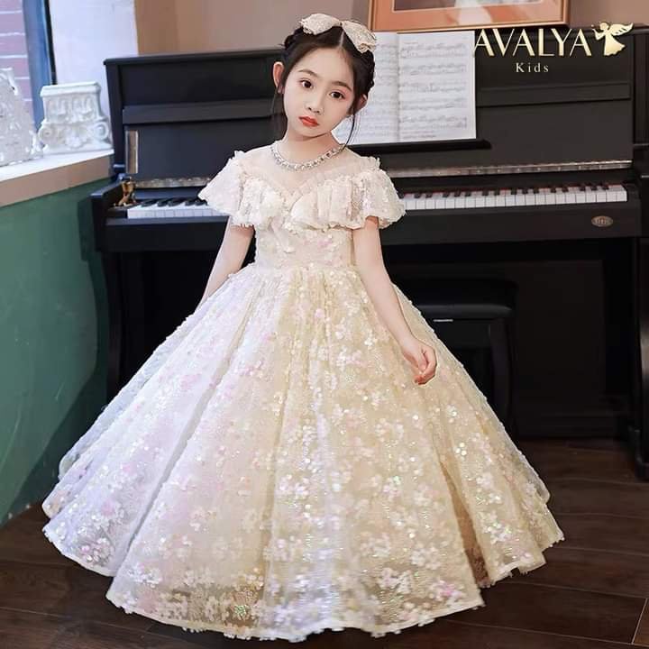 Đầm Công Chúa Bé Gái Trắng Đính Hạt Lấp Lánh Kim Sa Cao Cấp - Sang Trọng Đẳng Cấp Mã VIP2 AVALYA phiên bản giới hạn
