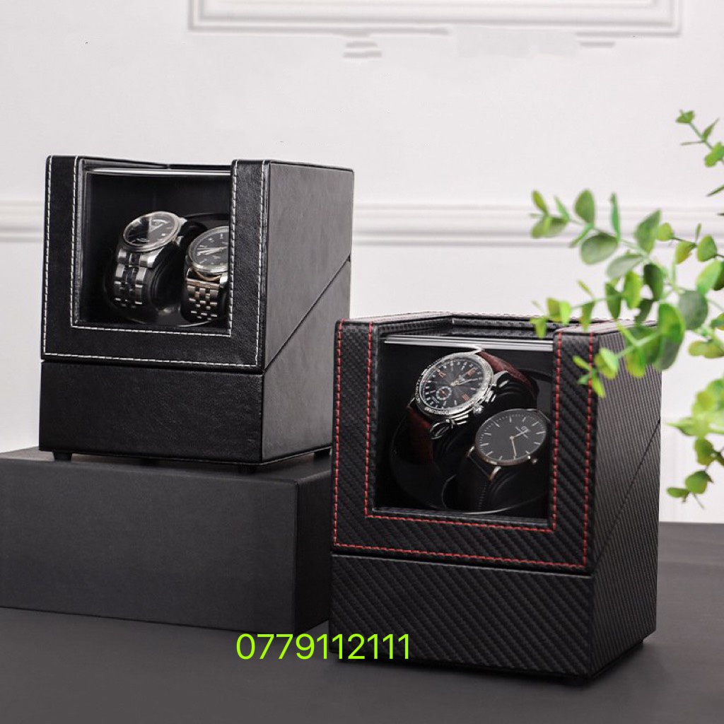 GIẢM GIÁ Hộp đồng hồ xoay mẫu đựng 2 đồng hồ cơ bọc da cao cấp màu đen