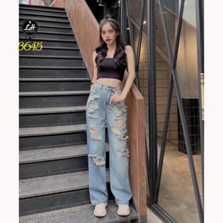 Quần jean nữ ống rộng, quần bò màu xanh rách ống rách sườn te tua tả tơi siêu chất Lê Huy Fashion MS 3645