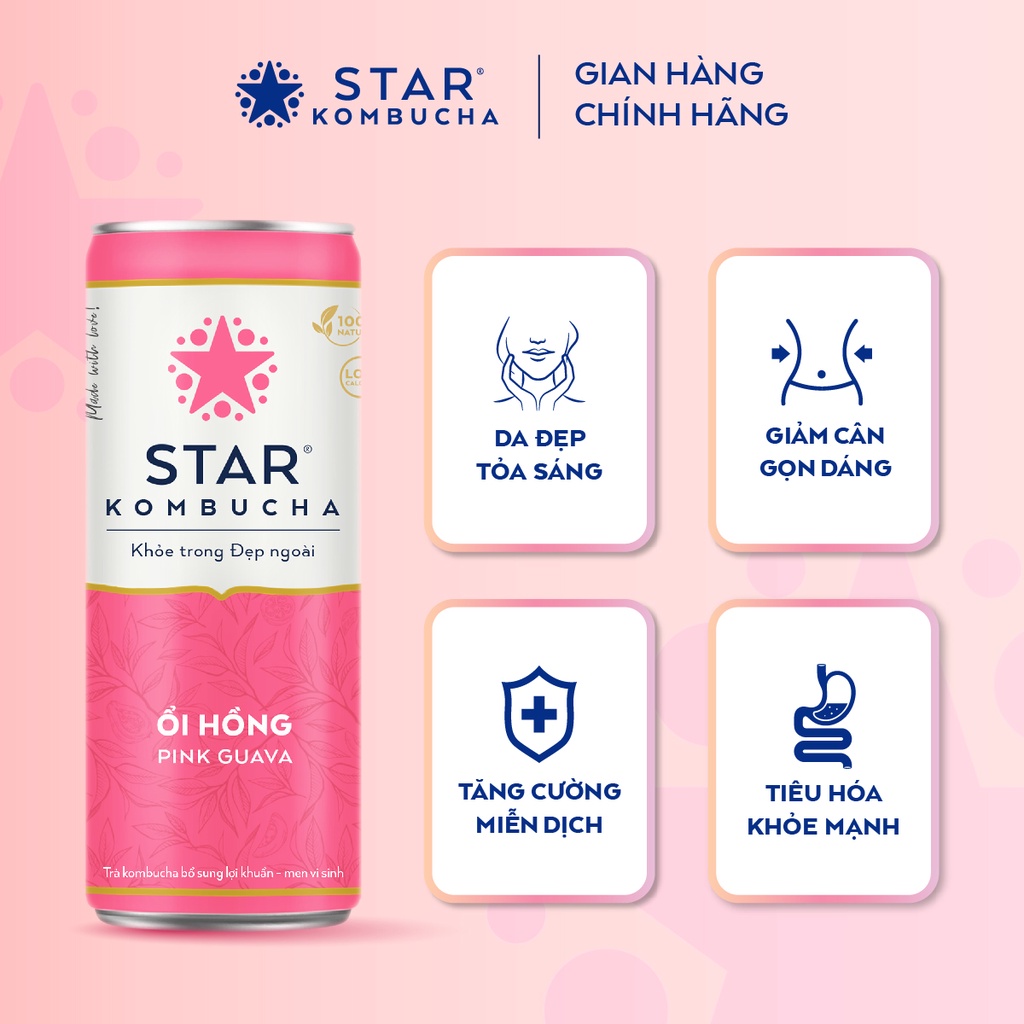 Thùng 12 lon trà STAR KOMBUCHA Ổi Hồng / Pink Guava (250ml/lon)