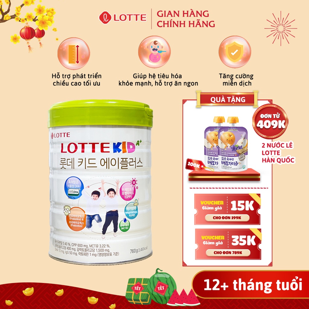 Sữa Bò Lotte Kid A+ Hàn Quốc lon 760g hỗ trợ trẻ tăng chiều cao