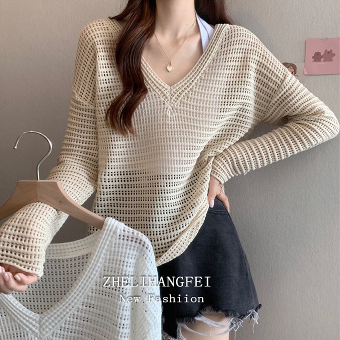 Áo kiểu ZHELIHANGFEI vải dệt kim tay dài dáng rộng cổ chữ V thời trang xinh xắn cho nữ