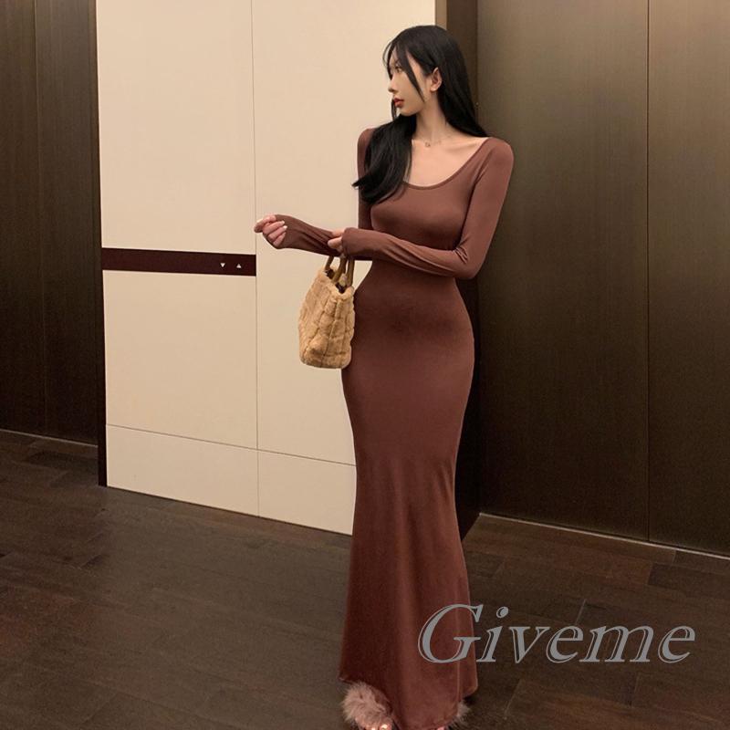 Đầm Đuôi Cá Dài Tay Cổ Chữ U Màu Sắc Thanh Lịch Cho Nữ