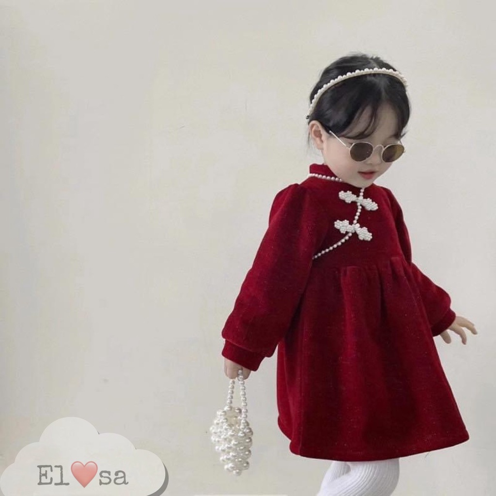 Váy bé gái- Váy Tăm Nhung Cúc Tàu Đính Ngọc Xinh Xắn Cho Bé 1-8 Tuổi
