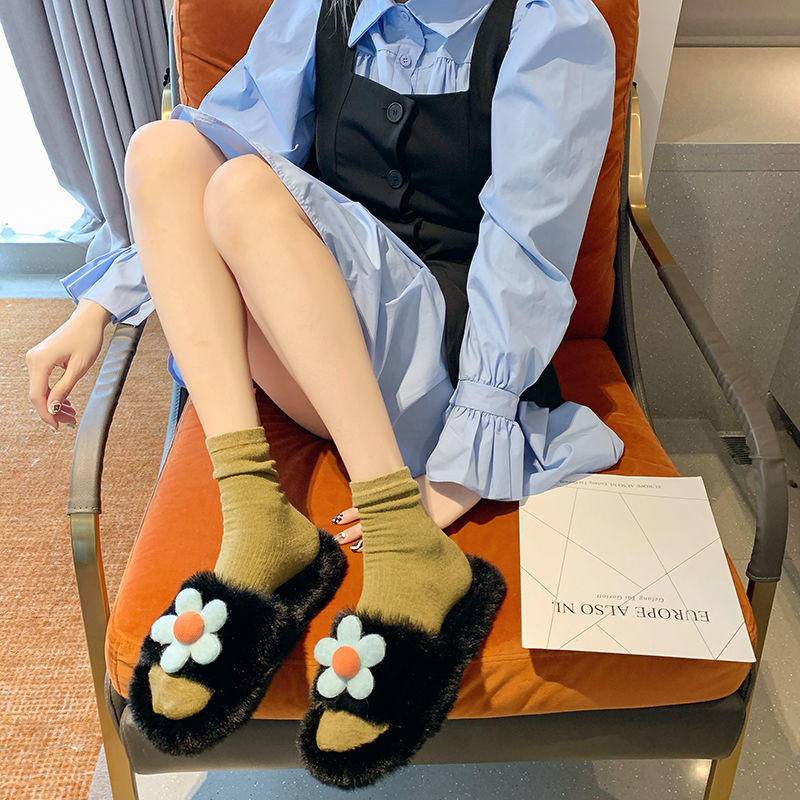 Oeteo Dép Bông Đi Trong Nhà Đế Dày Họa Tiết Hoa Thời Trang Mùa Đông Cho Nữ