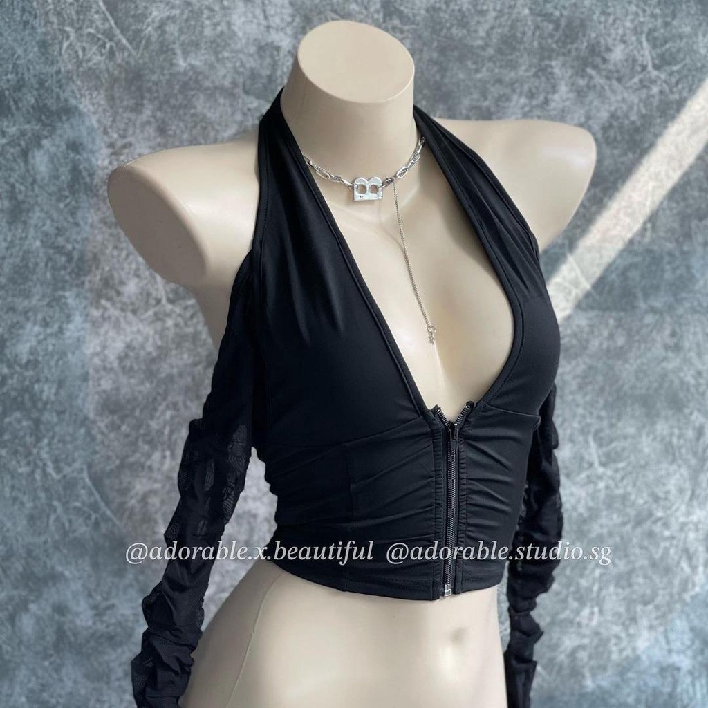 Áo Thun Tay Dài Phối Lưới Dây Kéo Cổ Tròng Đen Trơn Phong Cách Sexy Quyến Rũ