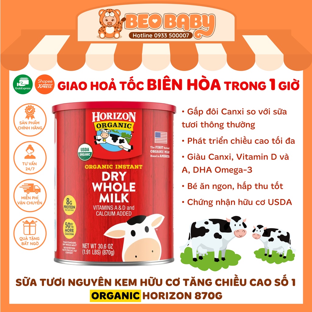 [Date 10/2024] Sữa Horizon Organic Dry Whole Milk - Sữa tươi dạng bột hữu cơ Organic Horizon 870g Mỹ
