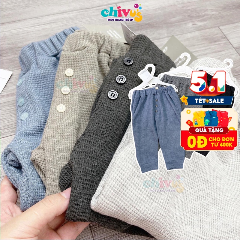 Quần nỉ tổ ong cho bé CHIVU'sKID quần dài bé trai bé gái hàng xuất dư loại 1 bo chun đính kèm cúc cực kỳ cá tính