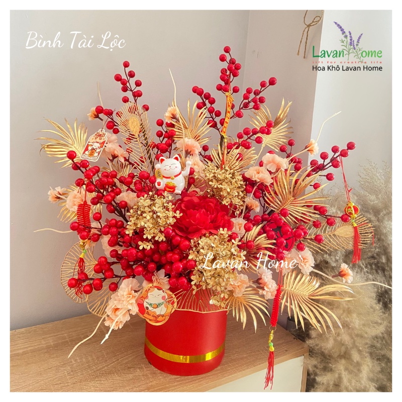 Bình hoa đào đông đỏ trang trí tết, quà tặng tết sang trọng, mang tài lộc cho năm mới, hoa để phòng khách, bàn tivi đẹp