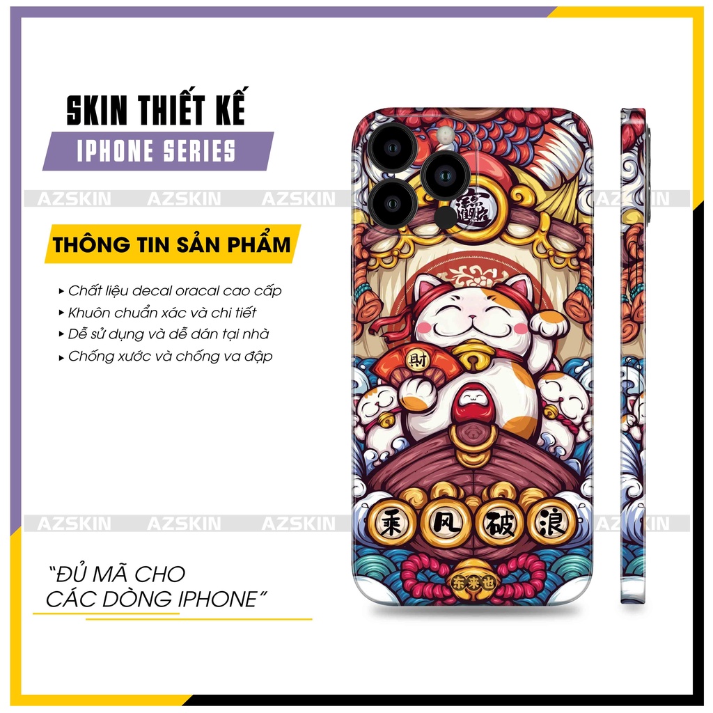 Dán Skin IPhone Hình Mèo Thần Tài Cán 3M |SK_IPDL143| Hình Sắc Nét Cán Film 3M Chống Xước, Khuôn Cắt CNC