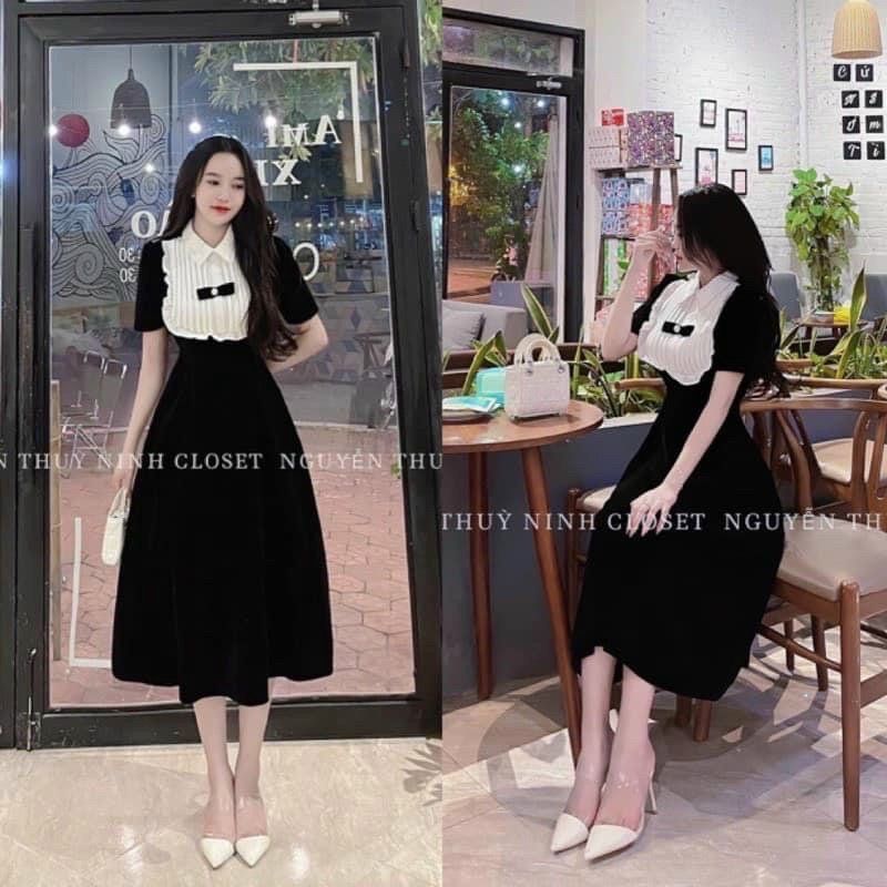 Váy đầm nữ dự tiệc đám cưới sự kiện dáng dài cổ bèo dập ly đính nơ dễ thương tay ngắn chất liệu nhung phối nơ Vip40