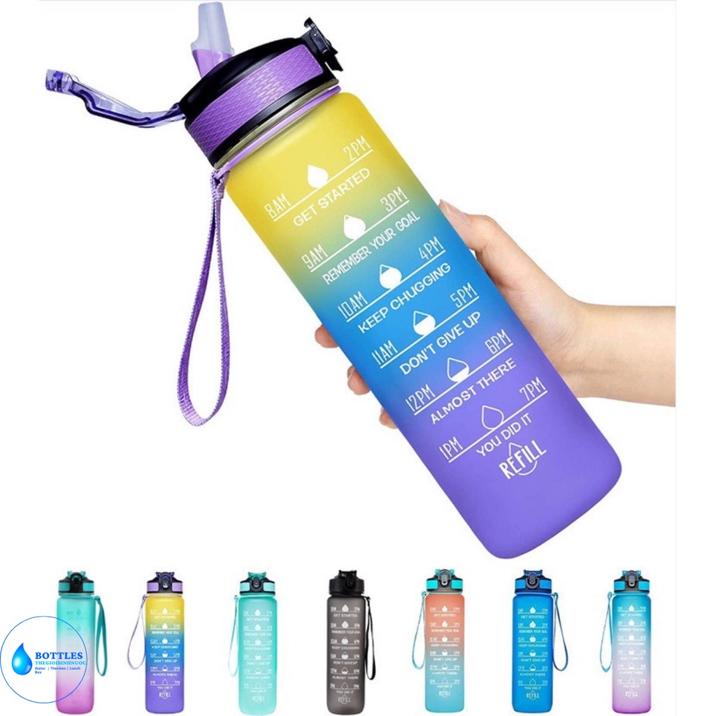 Bình Đựng Nước 1L Nhiều Màu Có Vạch Báo Giờ Uống Nước Tặng kèm sticker siêu dễ thương