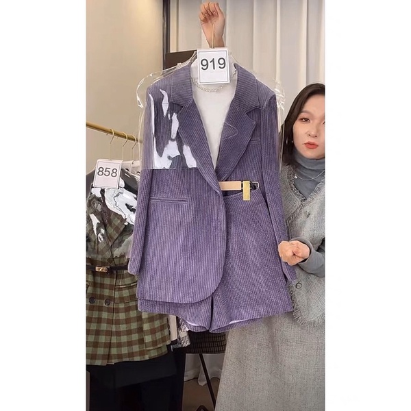 Bộ áo vest quần sooc mầu tím chất nhung tăm