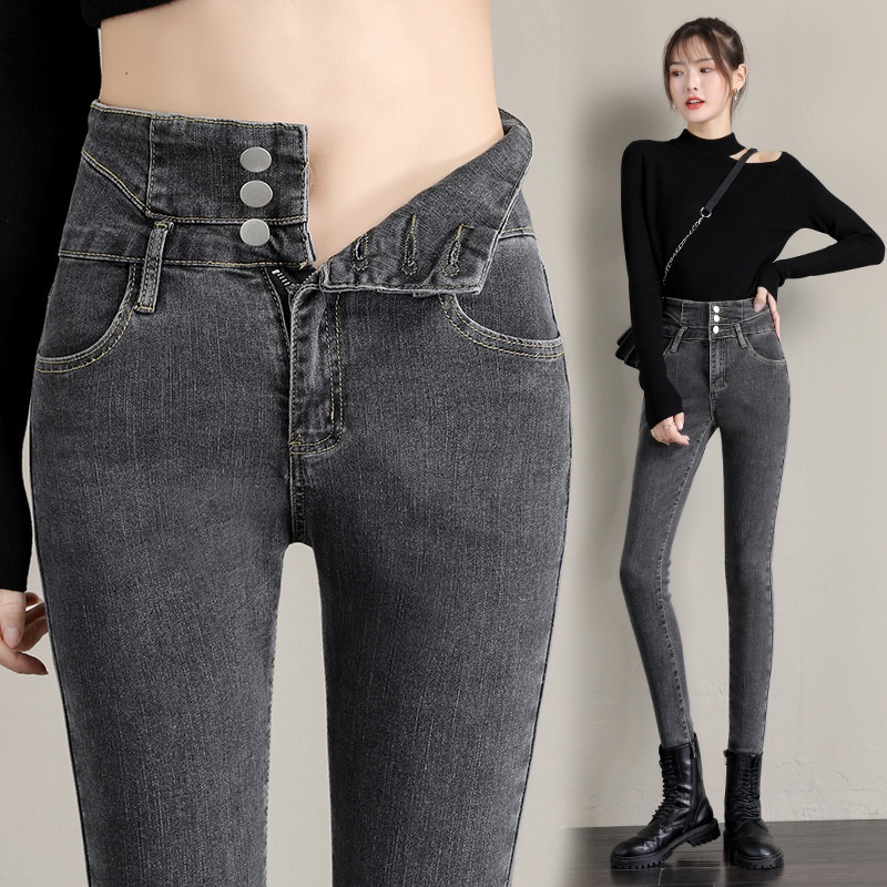 Quần Jean Dài Lưng Cao Dáng Ôm 3 Nút Thời Trang Cho Nữ
