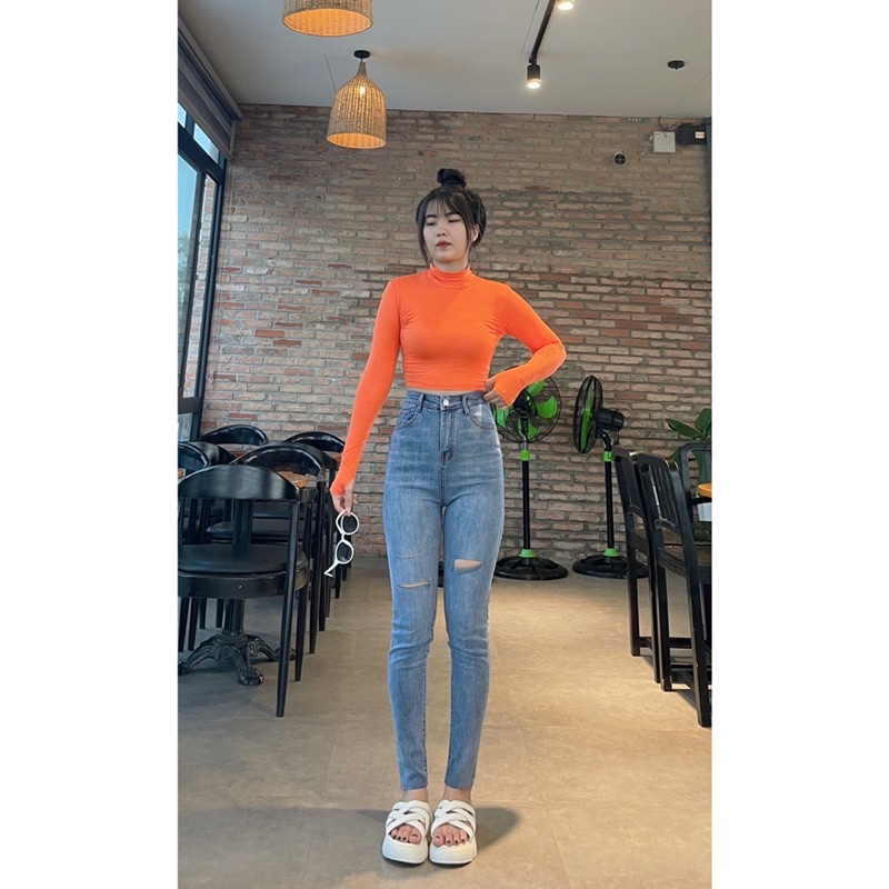 Jean rách 3 đường lưng cao
