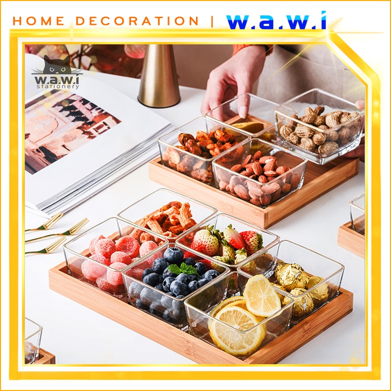 Bộ khay thực phẩm gỗ tre, ô thủy tinh có nắp, lưu trữ bánh, mứt, trái cây khô, thức ăn nhẹ