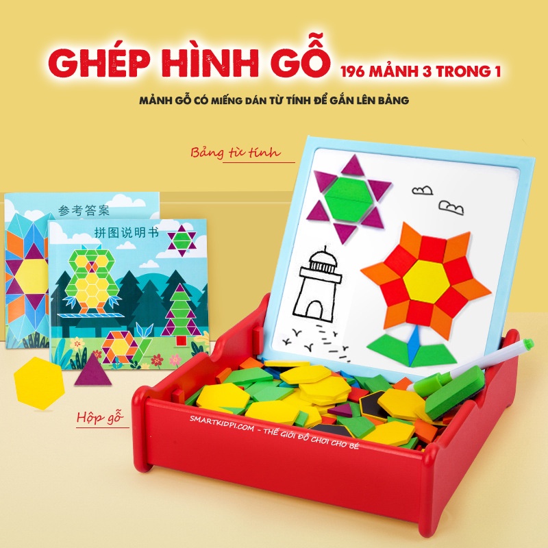- Bộ xếp hình gỗ thông minh Tangram 196 chi tiết 3 trong 1 - Bảng từ tính