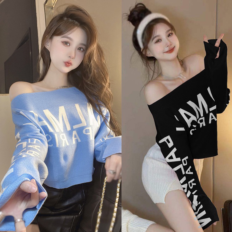 Áo Sweater Dệt Kim Dáng Rộng In Chữ Phong Cách Hàn Quốc Cho Nữ