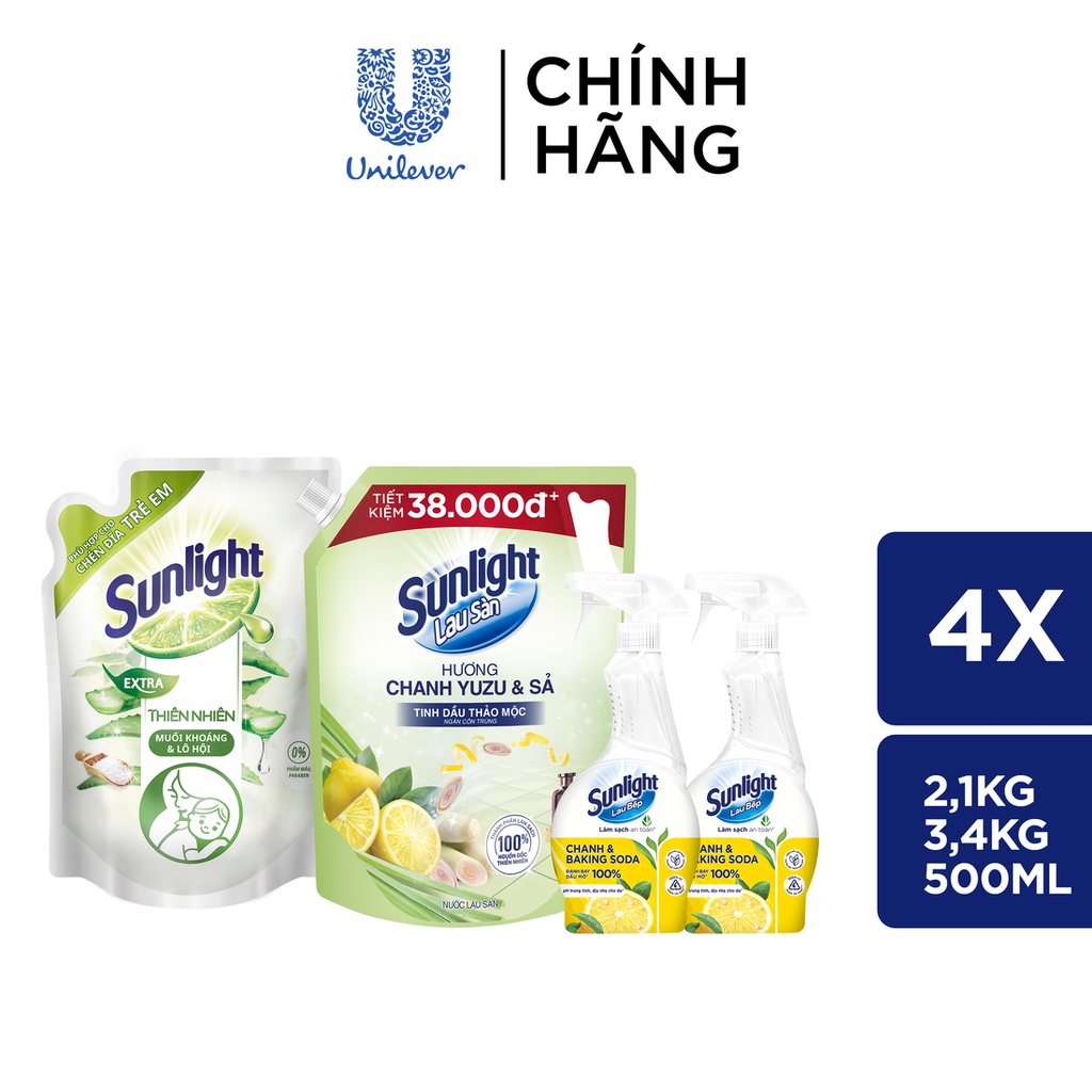 Combo 4 Trọn bộ Sunlight dọn Tết: Nước rửa chén Thiên Nhiên 2.1kg + Nước lau sàn Chanh Sả 3.4kg + 2 Nước lau bếp 500ml