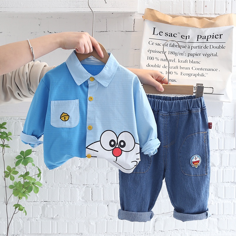 Bộ Áo Sơ Mi Tay Dài + Quần Denim Họa Tiết Doraemon Phong Cách Hàn Quốc Thời Trang Cho Bé Trai Gái 80-120cm