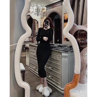 Váy body len dáng dài cổ tròn dài tay, váy ôm dáng dài