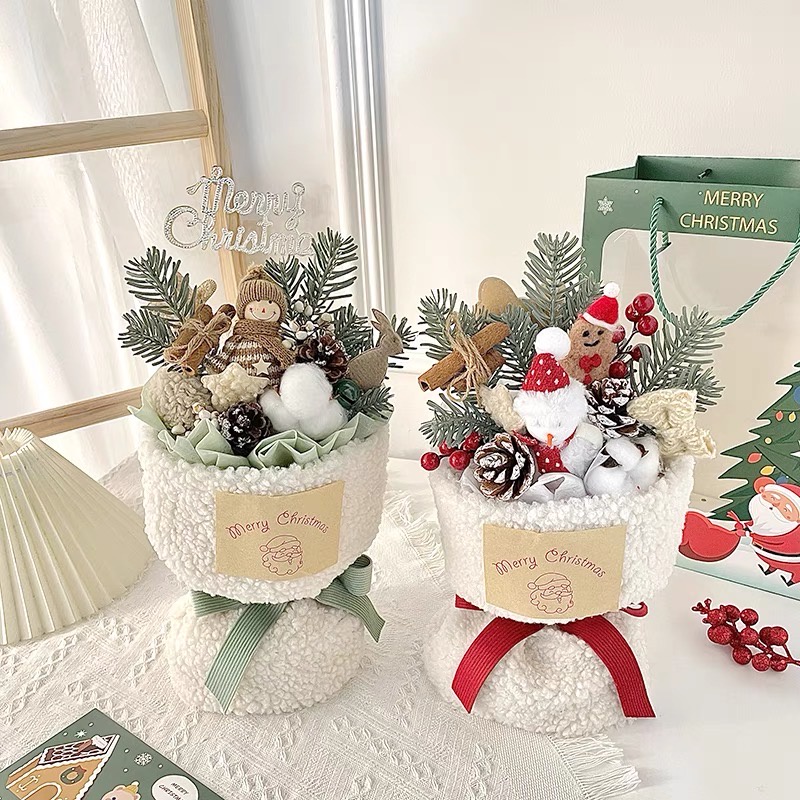 Bó hoa giáng sinh làm quà tặng noel sinh nhật, kèm túi giấy và đèn led