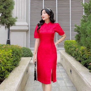 Đầm Nữ NHẬT VY Sườn Xám Cúc Bọc Xẻ Tà Tay Phồng Chiết Eo Chất Gấm Đi Tiệc Dáng Ôm Body Màu Đỏ Tươi, Đô , Vàng - D1865
