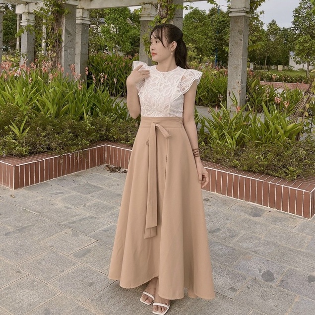 Váy Chống Nắng Xẻ Tà Màu Be, Quây Che Nắng Thiết Kế Lưng Chun Nút Cài