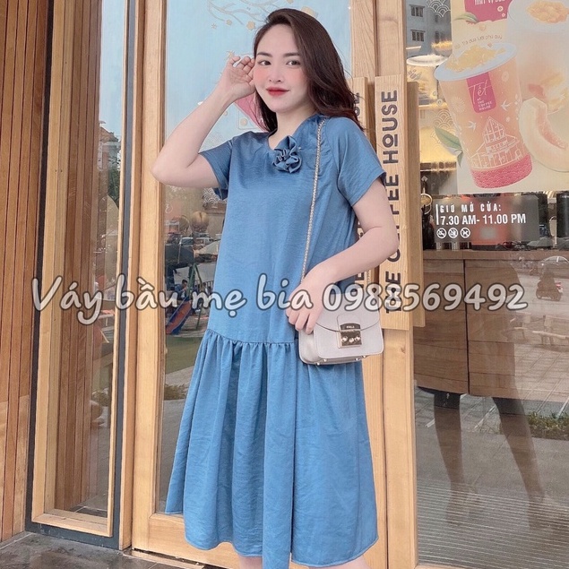 Váy bầu bigsize - Đầm bầu thiết kế GuMe màu Ghi Đá kèm Hoa Ngực dáng đuôi cá size từ 40-100kg MB144 - kèm ảnh thật