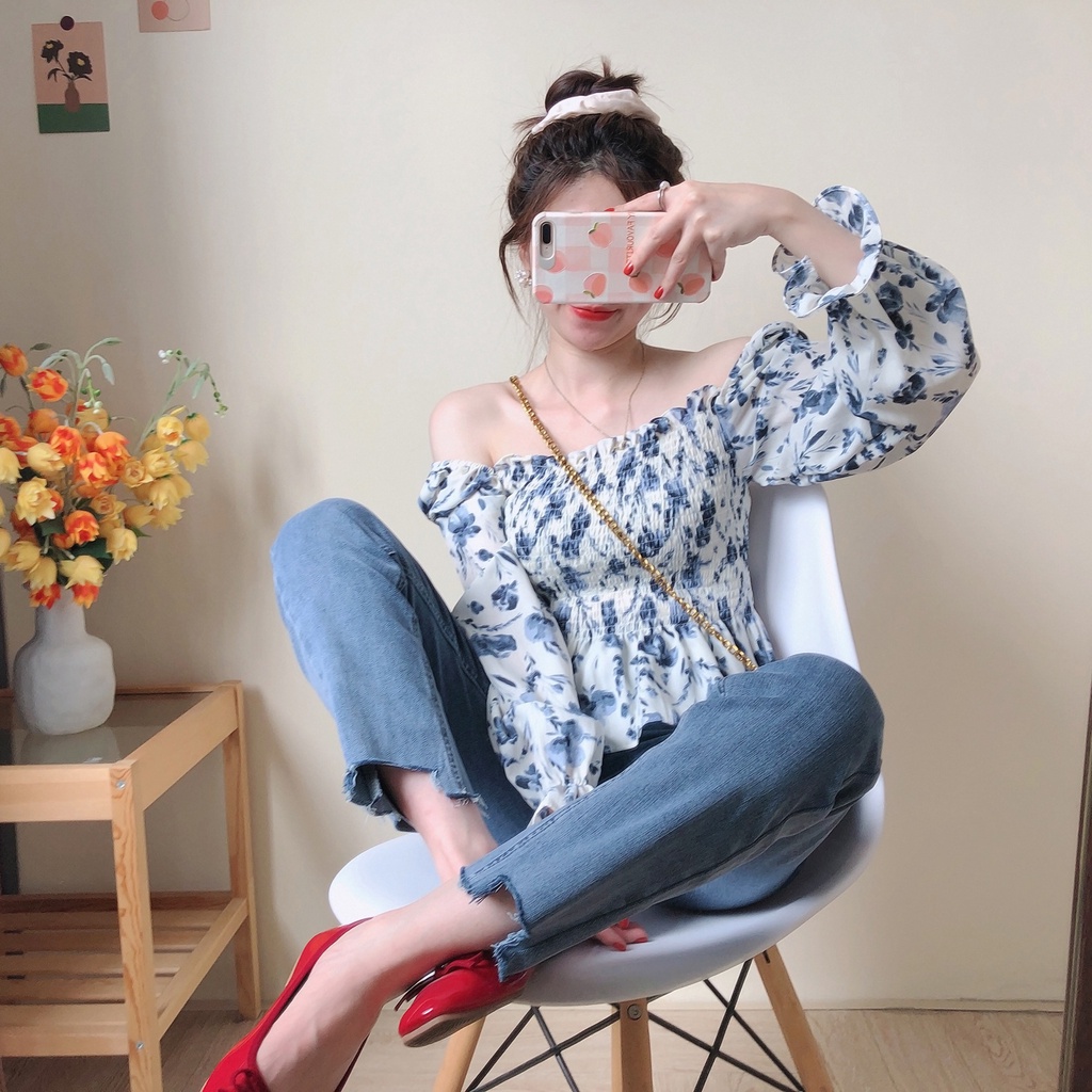 Áo sơ mi hoa ZHELIHANGFEI tay dài ôm eo gợi cảm xinh xắn